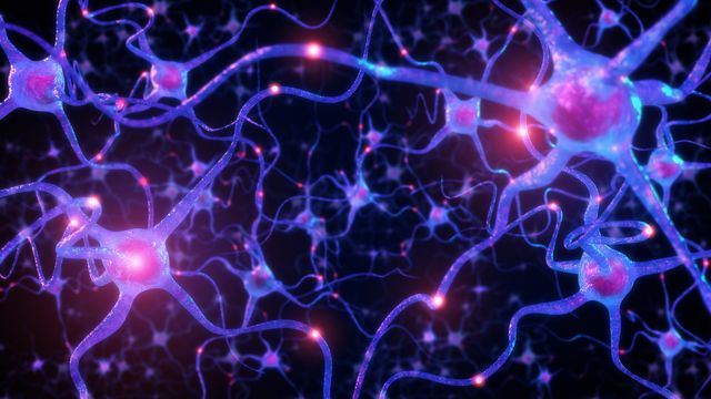 Digital illustration of interconnected neurons transmitting electrical signals in the brain. 
