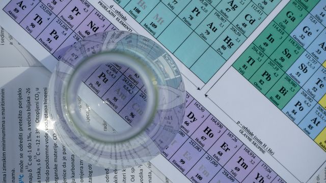 A piece of clear glassware sitting on a colorful printed copy of the periodic table. 