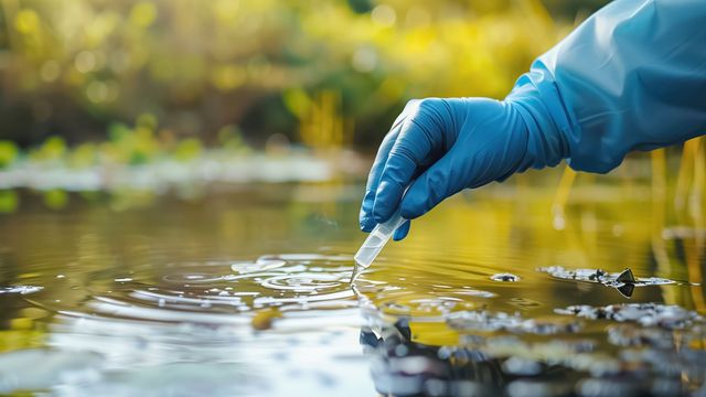 Gloved hand collecting a water sample from a natural pond, highlighting water quality testing.